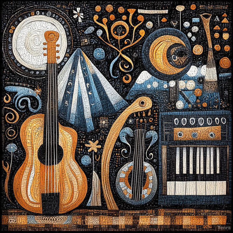 A colorful illustration of musical instruments and symbols set against a dark blue background.