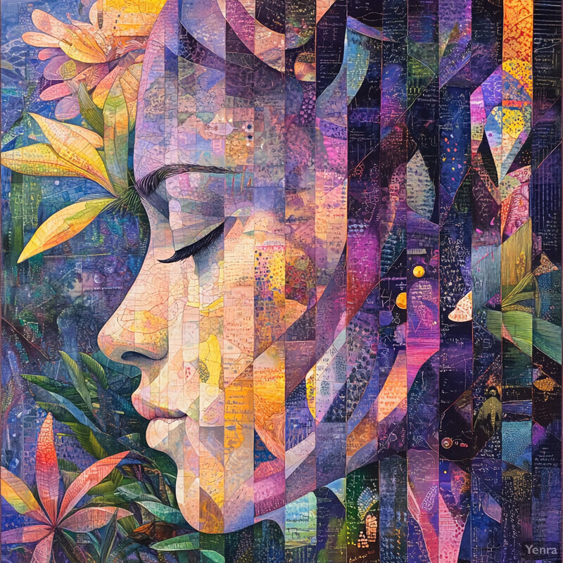 A vibrant and abstract representation of a woman's face surrounded by lush greenery and flowers.