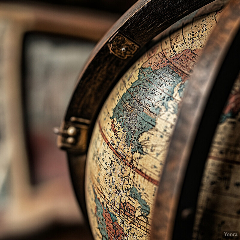 An antique globe with a light brown wooden frame and a cream-colored globe, positioned at an angle within its stand.