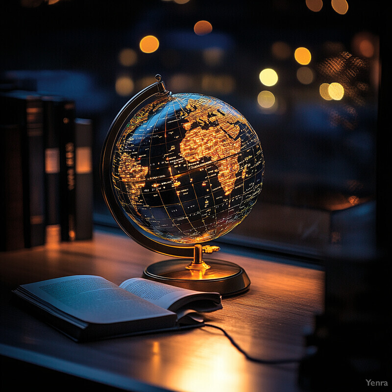 An open book with a globe and a lamp on a desk.