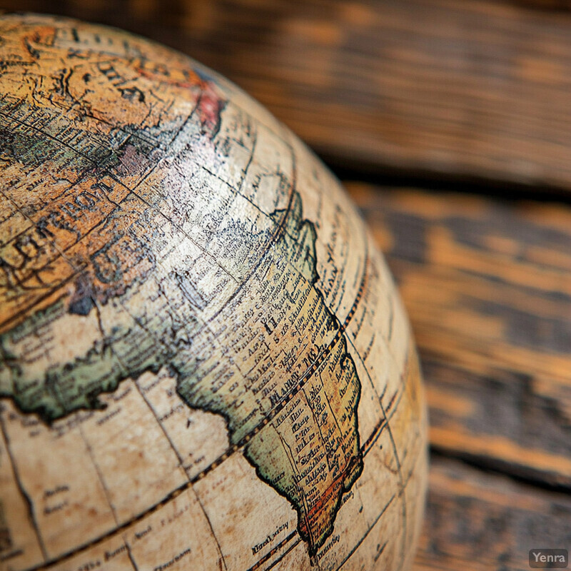 A close-up shot of an old-fashioned globe sitting on a wooden table or desk.