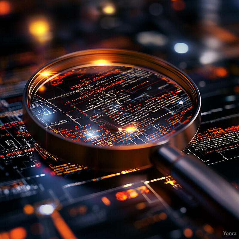 A magnifying glass is placed on top of a computer motherboard, highlighting the intricate circuitry and components.