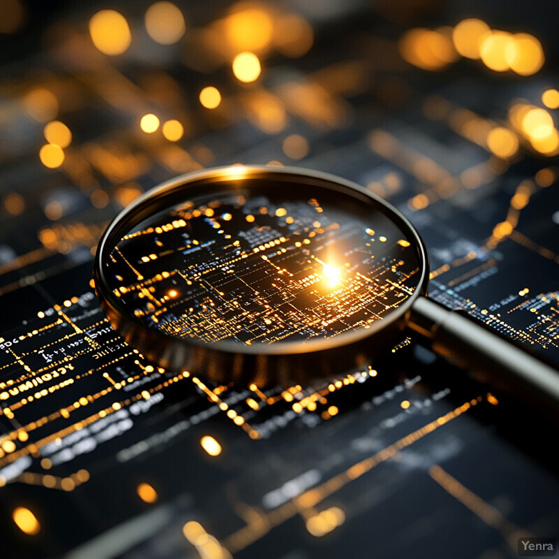 A magnifying glass is positioned over a complex circuit board, creating a striking visual contrast between the black background and the vibrant colors of the circuit board.