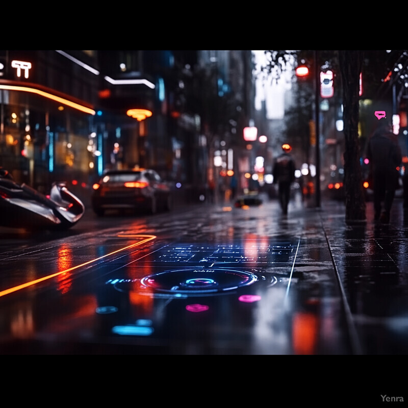 A city street is depicted at night, featuring a car, neon lights, and trees.