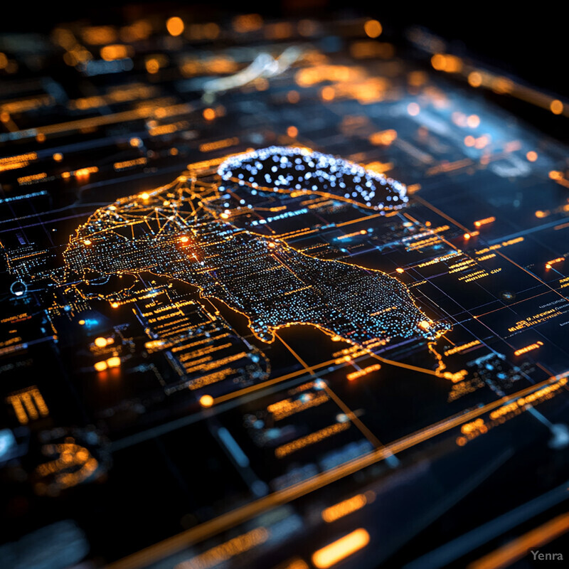 A 3D rendering of a human head with glowing outlines and intricate circuitry patterns on its surface.