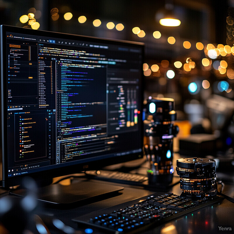 Two computer monitors displaying code are placed atop a keyboard and mouse in an office or workspace.