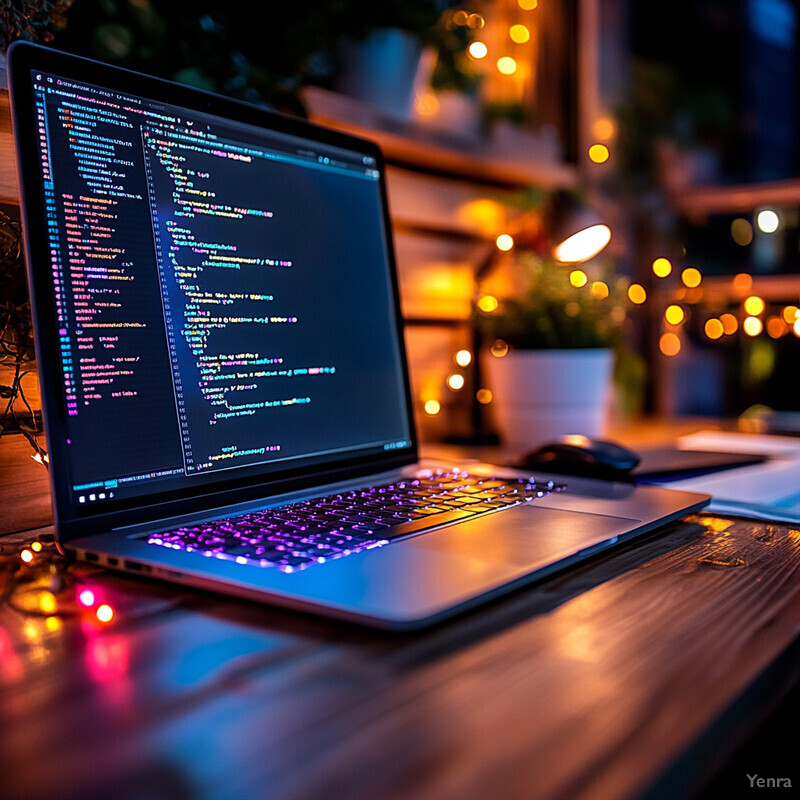 An open laptop with code on the screen sits on a wooden table in a dimly lit room.