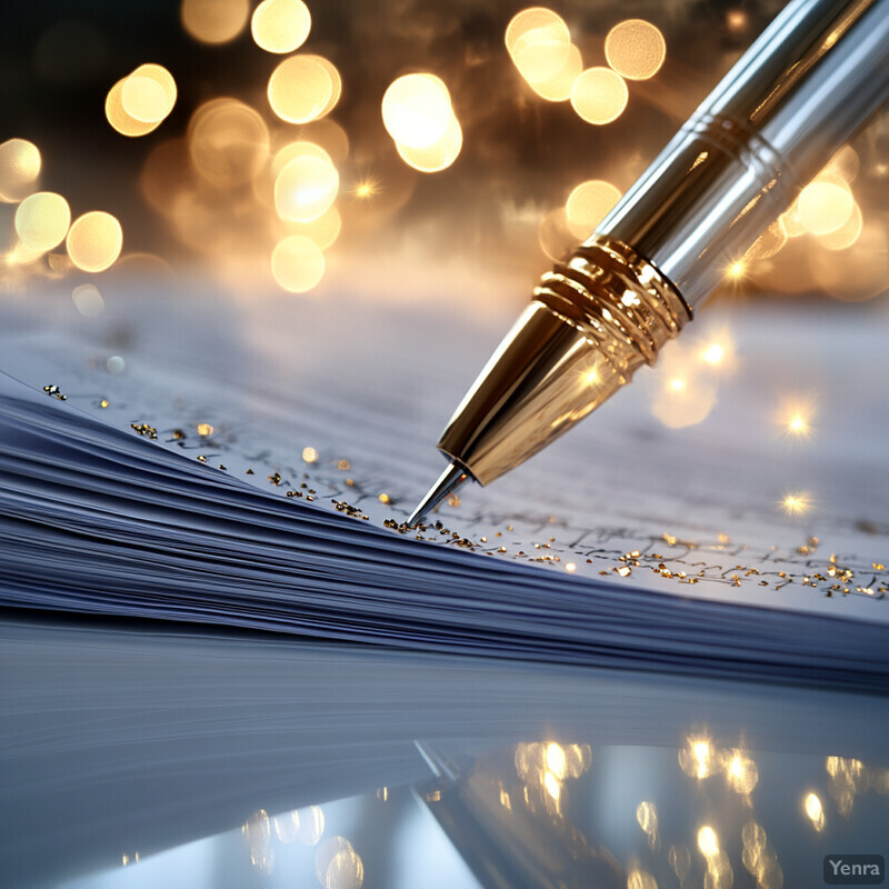 A close-up view of a gold and silver pen poised above a stack of papers.