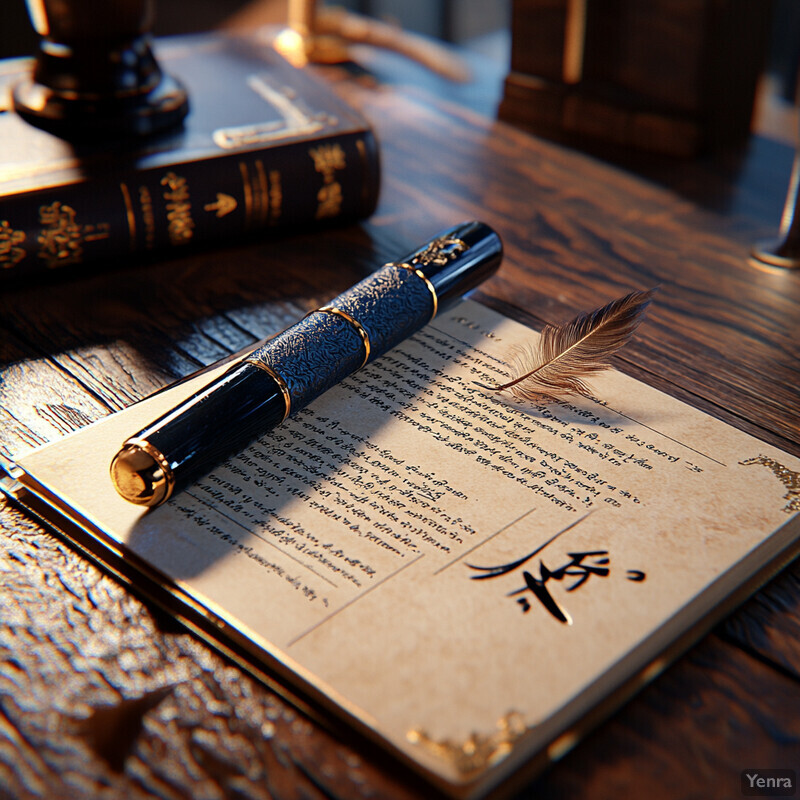 A writing desk with a fountain pen and feather quill on top of a book.