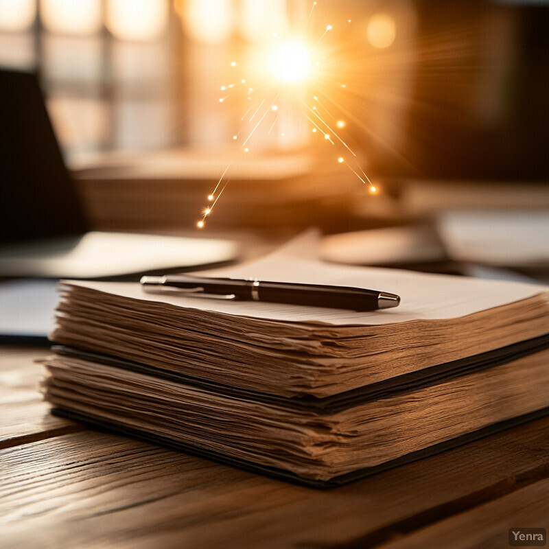 A stack of papers and a pen sit on a wooden table in an office setting.