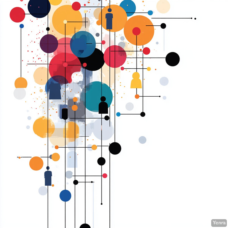 A complex network analysis featuring interconnected nodes and edges, with various shapes and colors used to represent relationships between entities or influences.