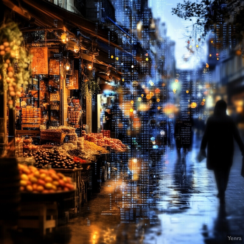 A bustling city street at night, with vendors selling goods and people walking in both directions.