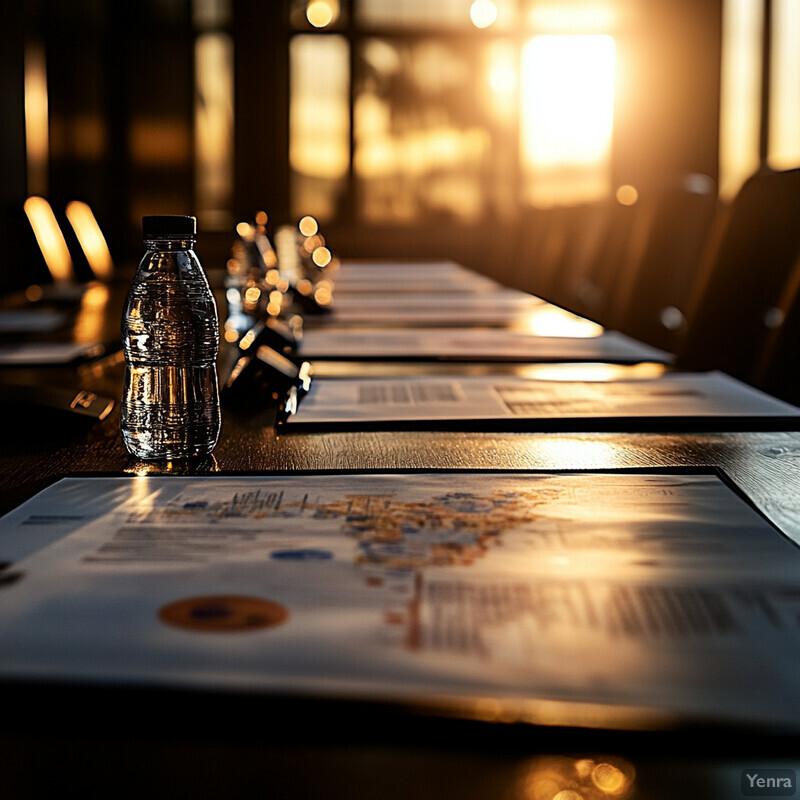 A meeting is taking place in a conference room with papers and water bottles on the table.