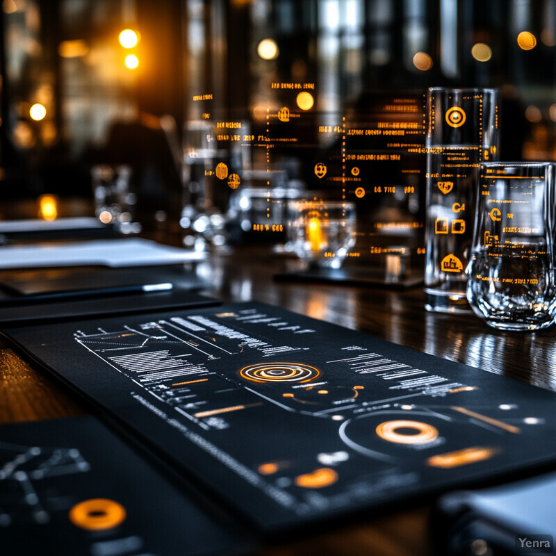 A dimly lit room with a long table in the center, featuring various objects including a DJ controller diagrammatic representation on a placemat, notebooks, and books or folders.