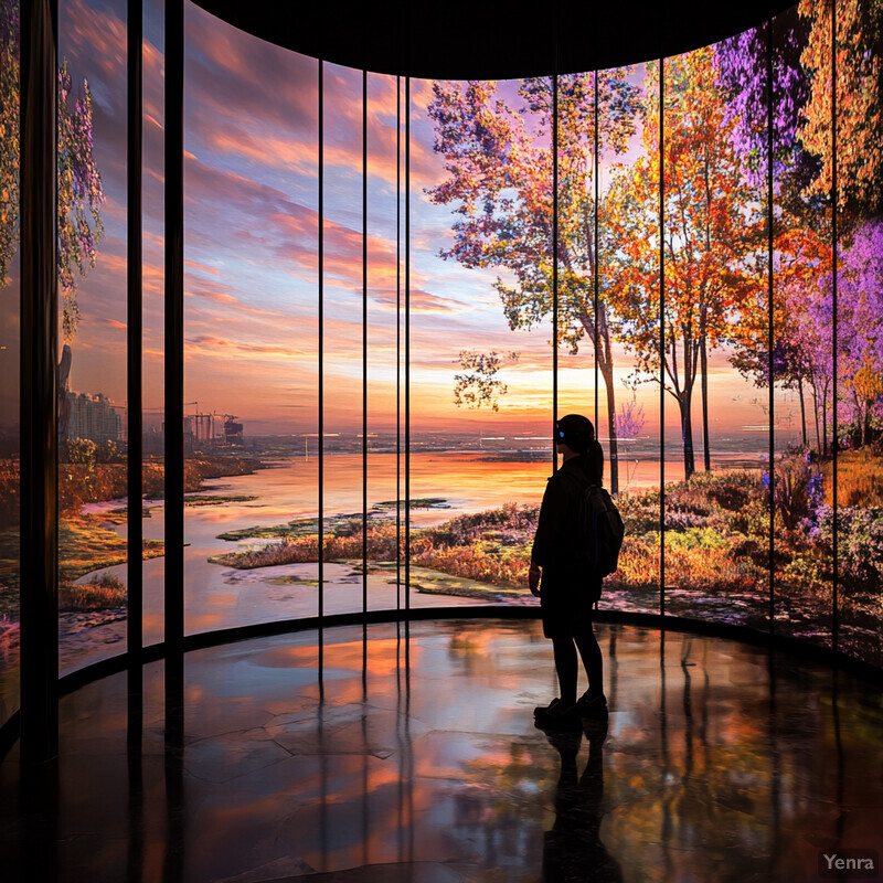 A woman stands in front of a large, curved screen displaying a serene landscape at an art gallery or museum.