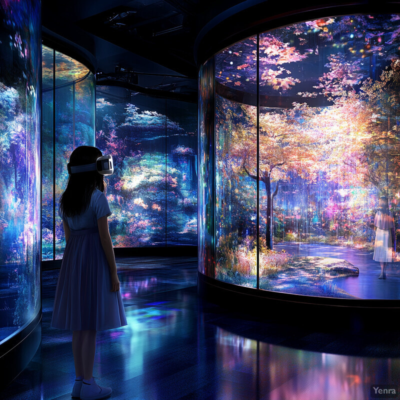 A woman wearing VR goggles stands in front of a large curved screen displaying a vibrant forest scene.