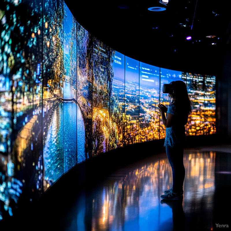 A woman enjoys a virtual reality experience in an indoor entertainment venue.