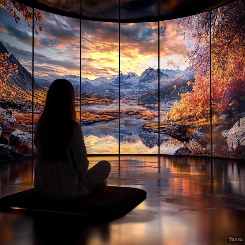 A woman sits in front of a large curved screen displaying a serene landscape.