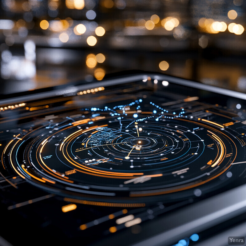 A futuristic-looking screen displaying various data points and charts in an abstract, circular pattern.