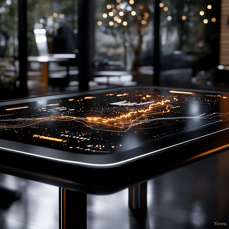 A modern table with an illuminated surface and silver circuit board-like design in a room with large windows.