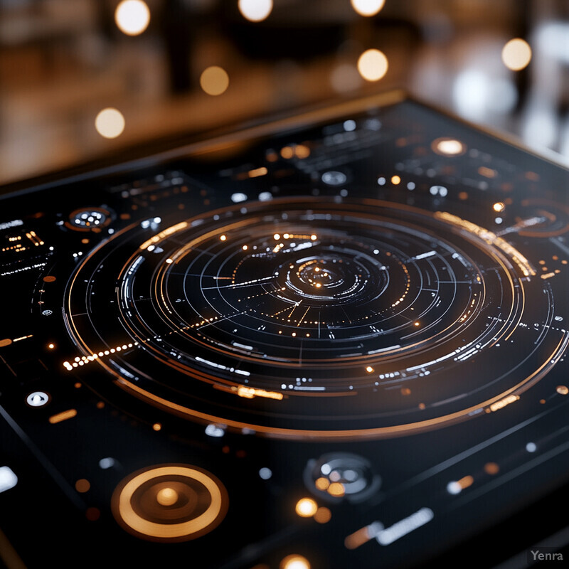 The image depicts a sophisticated control panel or dashboard featuring a large central circle with multiple concentric rings and intricate white lines on a black surface.