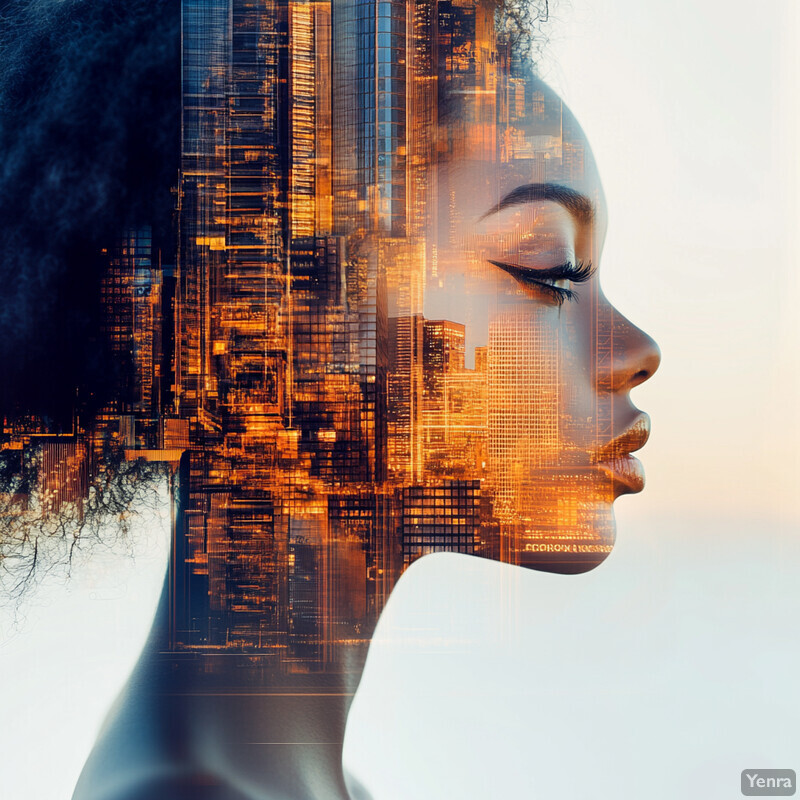 A woman's profile is superimposed over a cityscape at dusk, creating a striking visual representation of urban life.