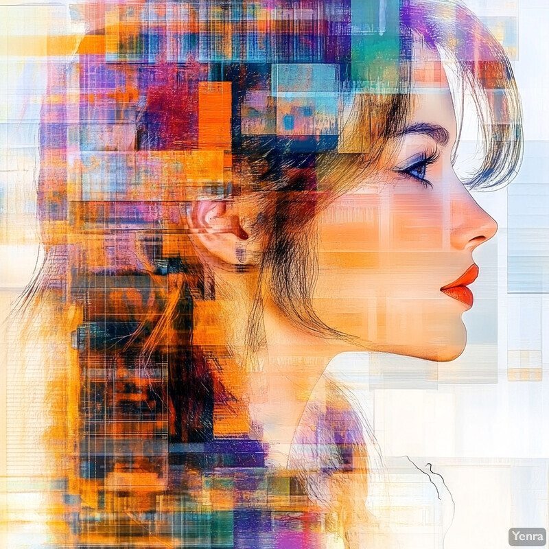 A striking mosaic-style portrait of a woman with long brown hair and red lips, created using small squares of color that blend together to form the face and neck.