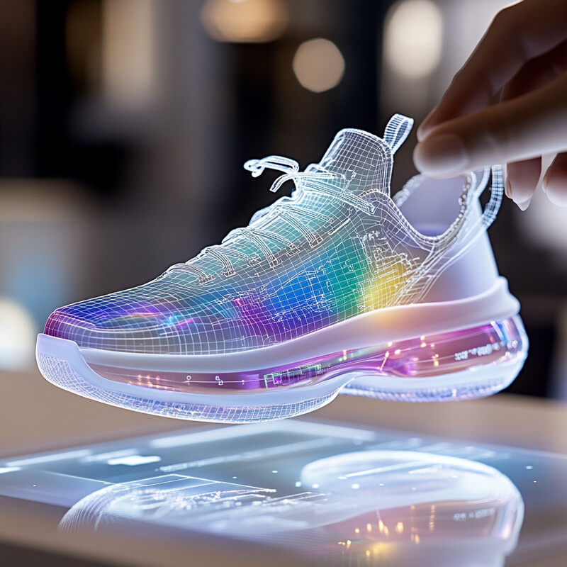 A 3D scan of a sneaker being held by a hand in a room or studio setting.