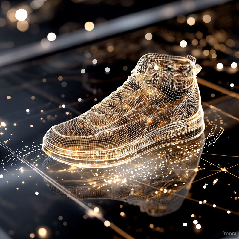 A detailed 3D scan of a sneaker on a reflective surface, showcasing its design and components.