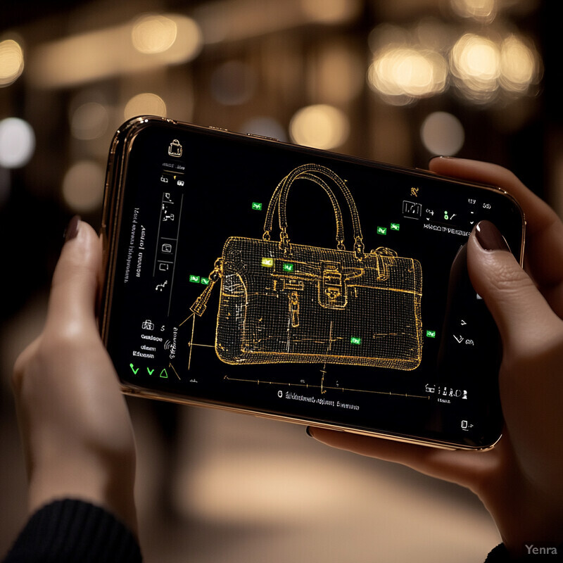 A person holds a smartphone displaying an augmented reality app with a 3D model of a purse or handbag.