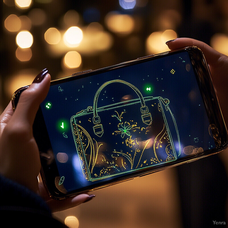 A person uses an augmented reality app to visualize a handbag design on their smartphone, showcasing the technology's potential for enhancing online shopping experiences.