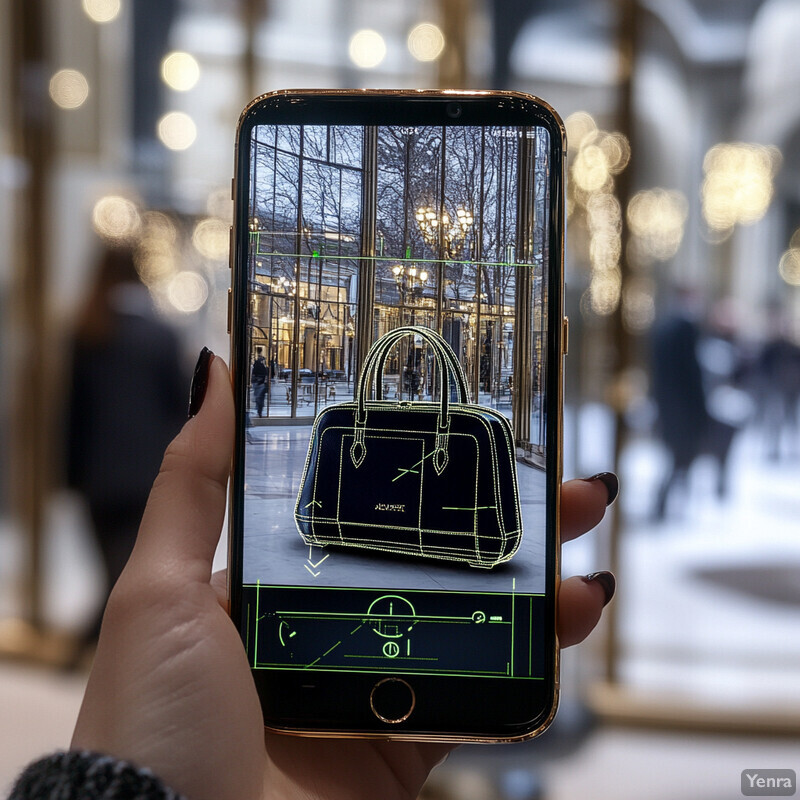 A hand holds a smartphone displaying an AR verification process for a black leather bag.