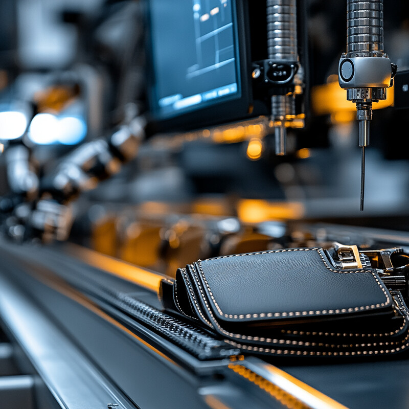 Automated quality control check system inspecting a black leather wallet.