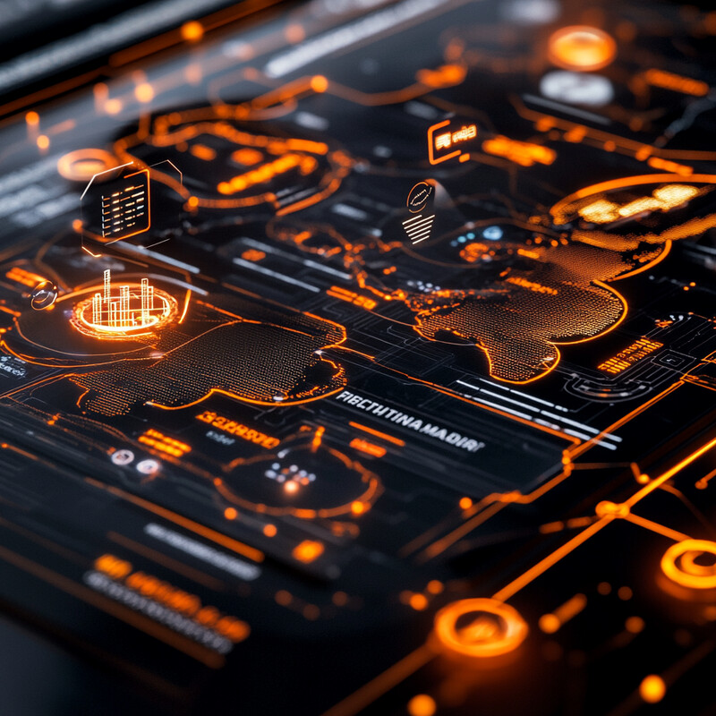 A futuristic and technological visual representation with a black background and orange accents.