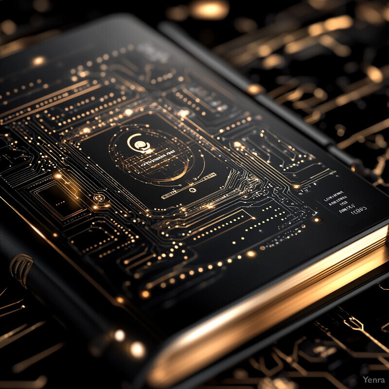 A book with a circuitry patterned cover featuring gold accents and a white logo.