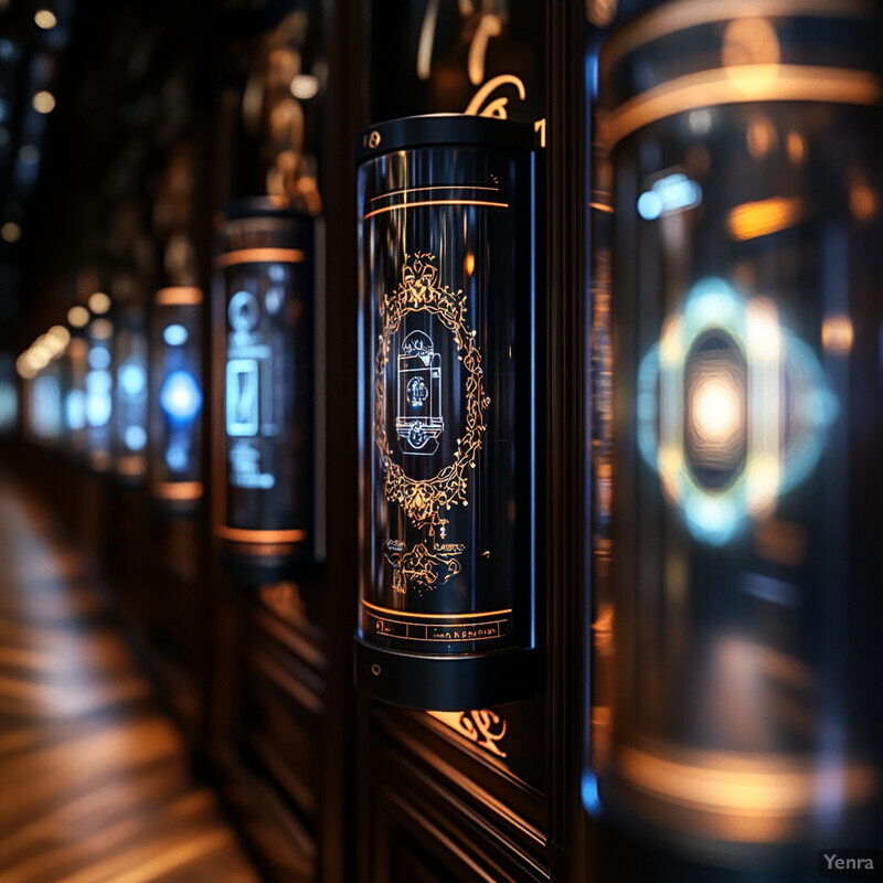 A long hallway lined with black cylindrical objects featuring gold accents.