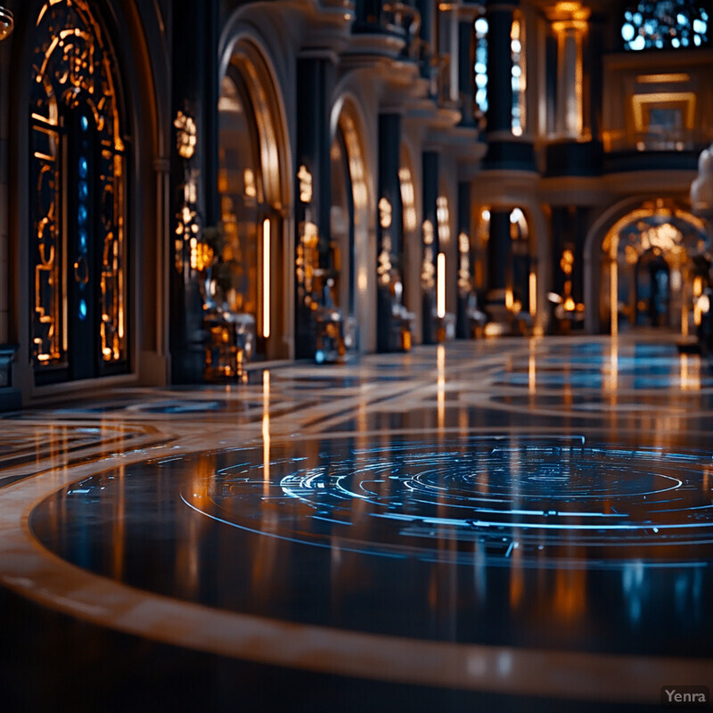 An image of a luxurious interior space with an ornate floor design and a large pool or fountain.