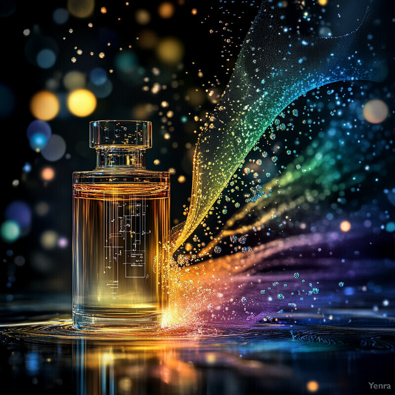 A glass bottle of perfume in a studio setting with colorful lights and sparks emanating from it.