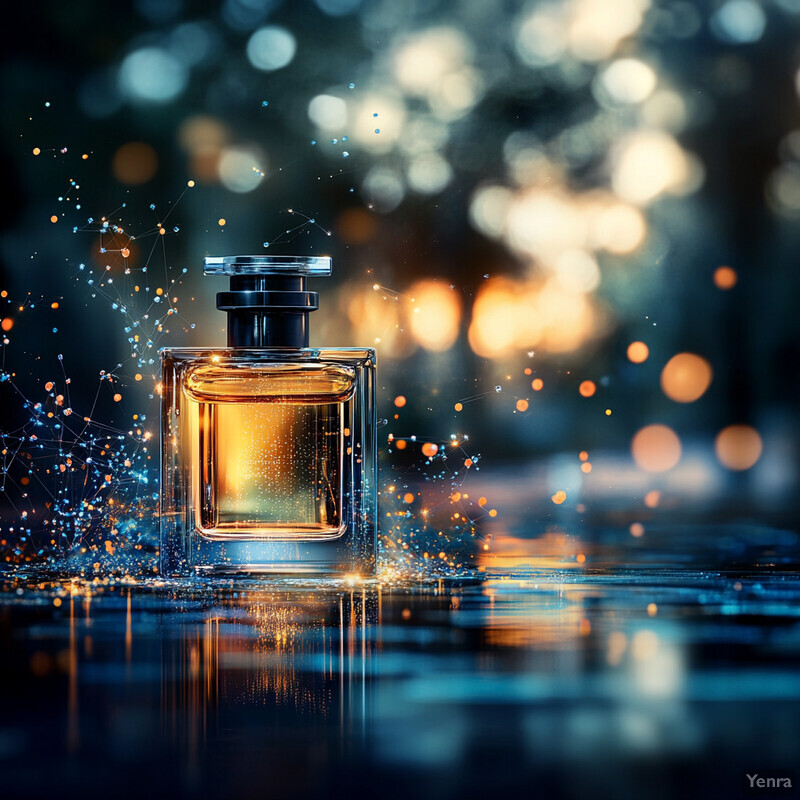 A glass bottle of perfume or cologne on a reflective surface.