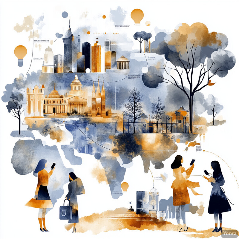 A watercolor painting featuring a cityscape, trees, fence, four women, briefcase, and black statue, conveying the idea of continuous learning from customer feedback.