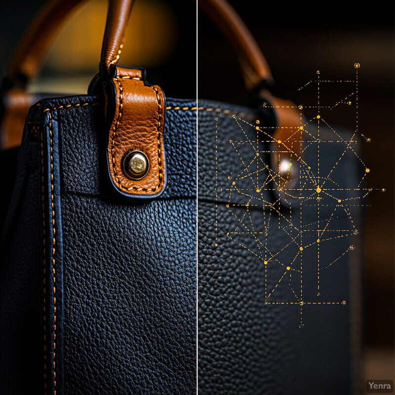 A close-up view of a black leather handbag with light brown accents in an indoor setting.