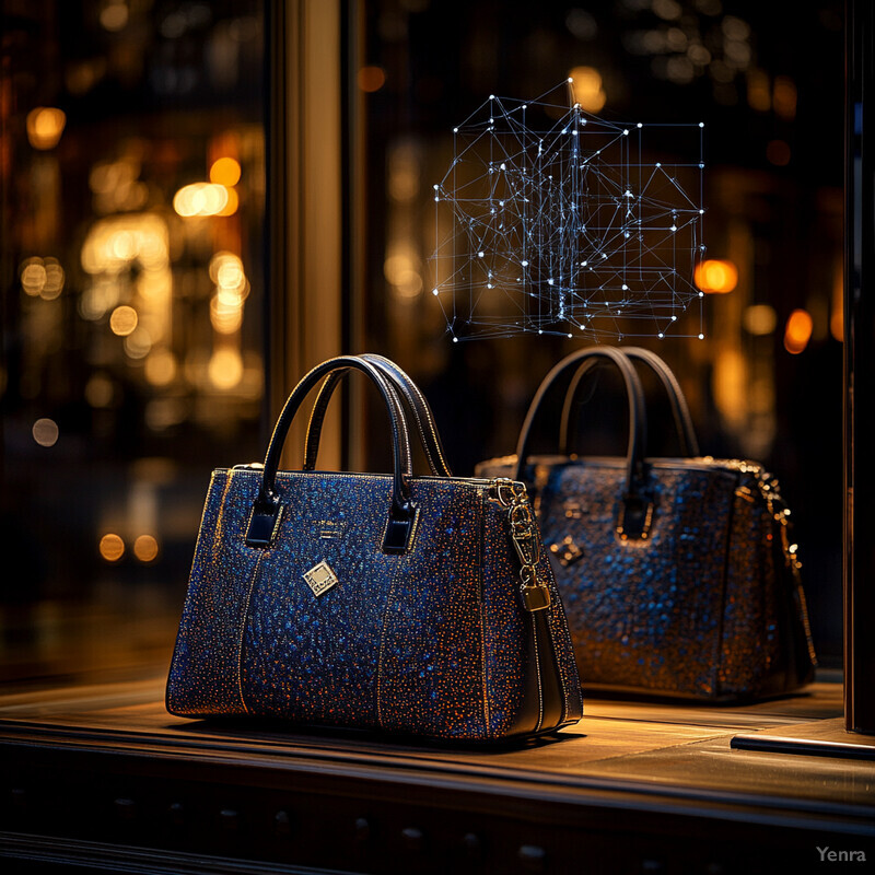 A window display of handbags in a retail store, featuring two black leather handbags with gold accents.