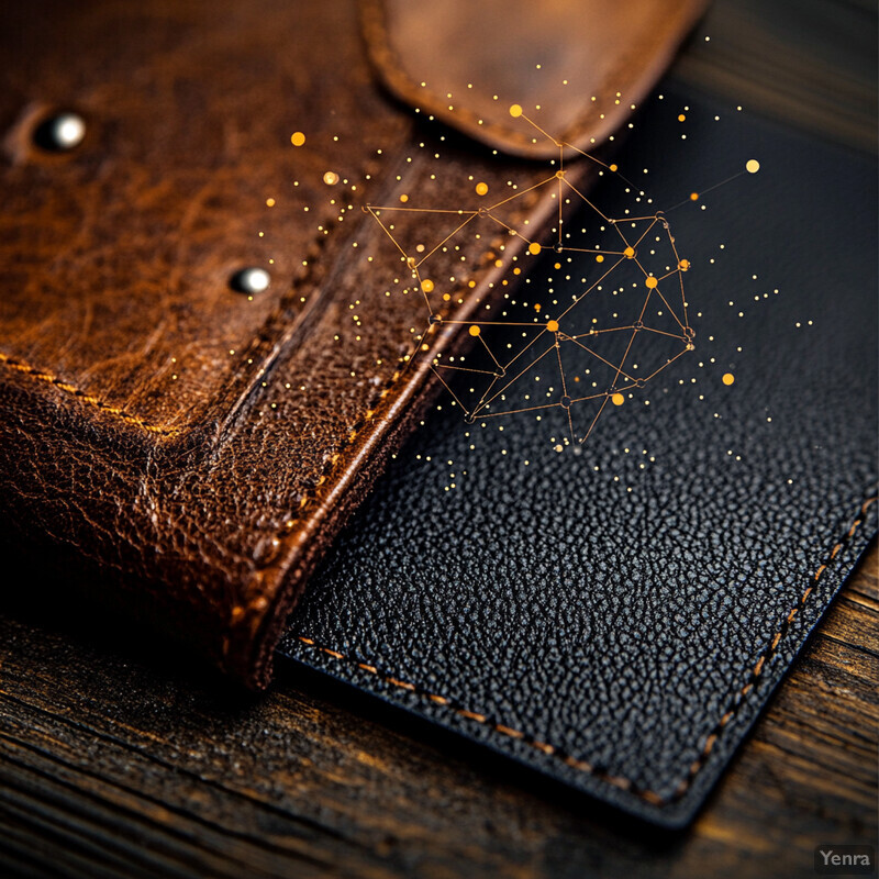 Two leather wallets or card holders with geometric pattern overlay.