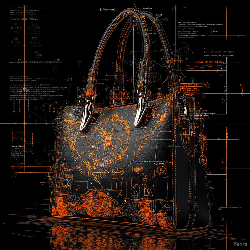 A black leather handbag with silver hardware and an orange outline that appears to be a blueprint or technical drawing of the bag's design.