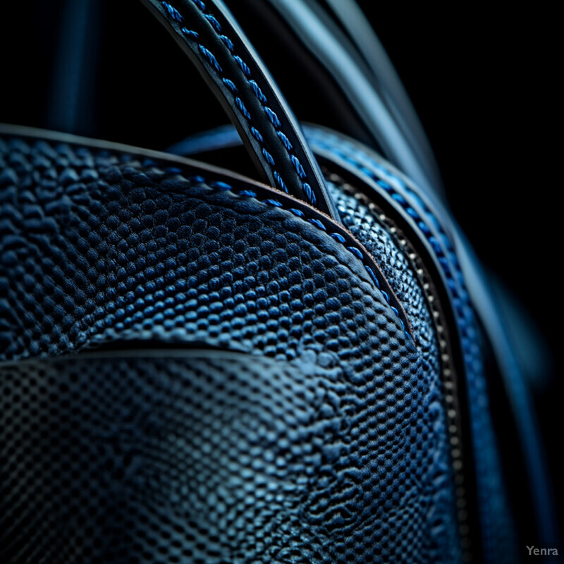 A close-up view of a blue leather bag with a textured pattern and handle.