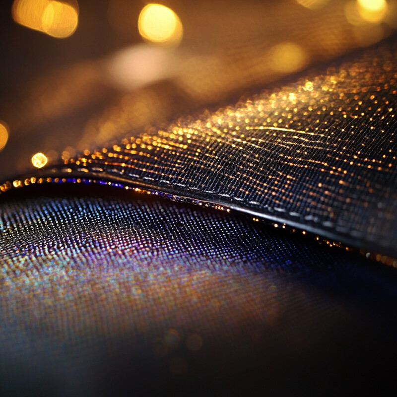 A close-up view of a black mesh material illuminated by gold-colored lights in the background.