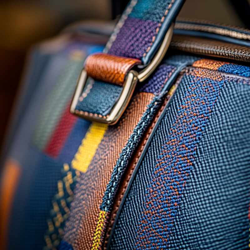 A close-up view of a bag's strap and zipper showcases its intricate details.