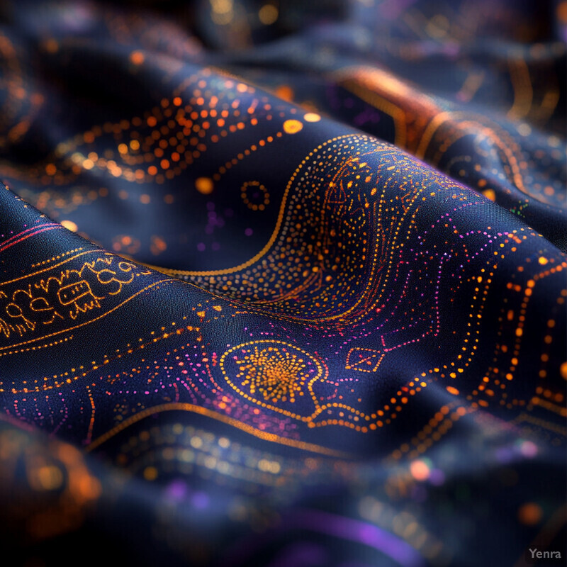 A close-up view of fabric with intricate patterns and vibrant gold and purple hues on a dark blue background.