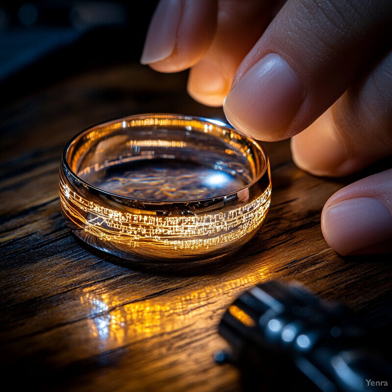 A close-up view of a gold or precious metal ring being examined with a microscope or similar device.