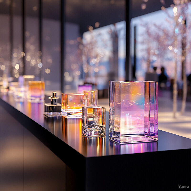 A display of iridescent glassware on a black counter in an art gallery or boutique.